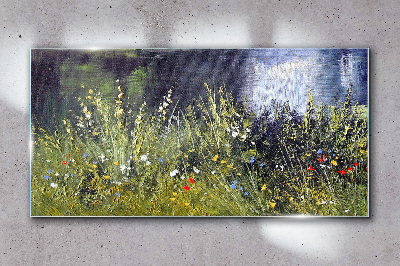 Obraz na Szkle rzeka kwiaty trawa