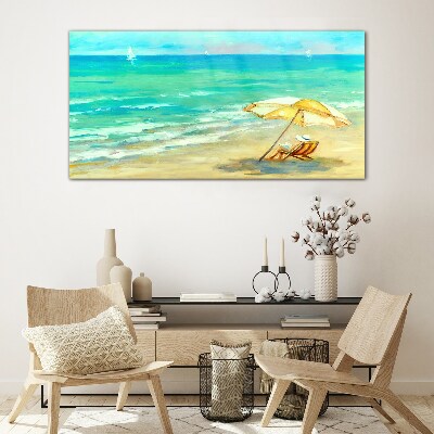 Obraz Szklany plaża morze fale parasolka