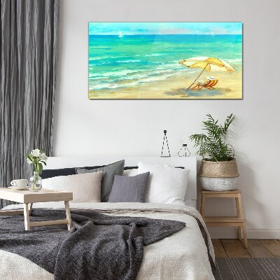 Obraz Szklany plaża morze fale parasolka