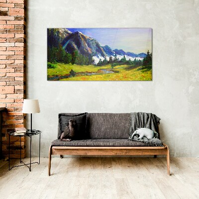 Obraz Szklany łąka las góry niebo
