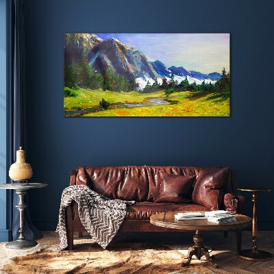 Obraz Szklany łąka las góry niebo