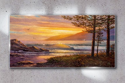 Obraz Szklany drzewa fale zachód słońca