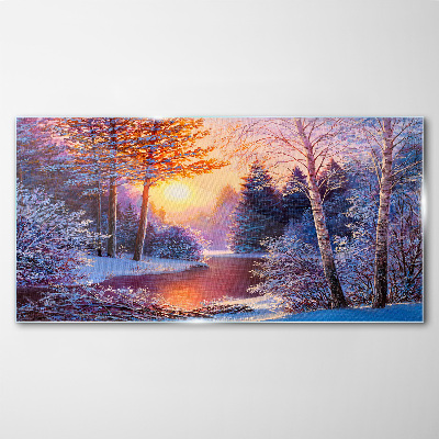 Obraz Szklany las śnieg rzeka zachód słońca