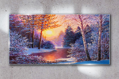 Obraz Szklany las śnieg rzeka zachód słońca