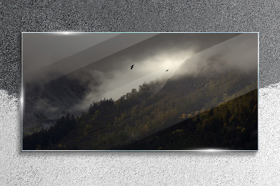 Obraz Szklany Mglista panorama górska z ptakami