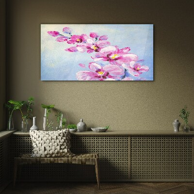 Obraz na Szkle Różowe orchidee na niebieskim tle