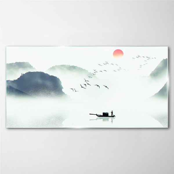 Obraz Szklany Jezioro Góry Mgła Ptaki