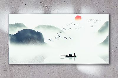 Obraz Szklany Jezioro Góry Mgła Ptaki