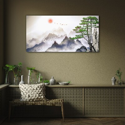 Obraz Szklany Góry Mgła Słońce Drzewo