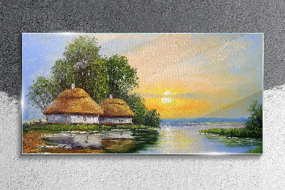 Obraz na Szkle malarstwo wieś chata