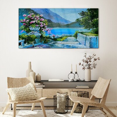Obraz Szklany jezioro góry kwiaty