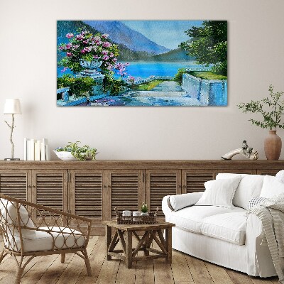 Obraz Szklany jezioro góry kwiaty