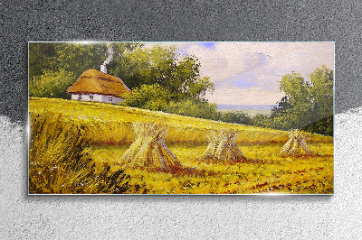 Obraz Szklany Złote pola i wiejski domek