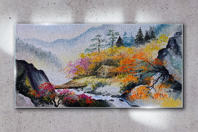Obraz Szklany Abstrakcja Góry Drzewa Mgła
