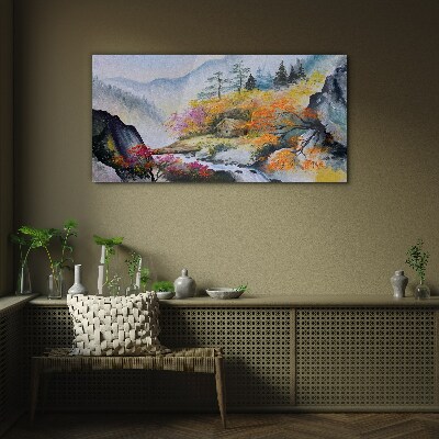 Obraz Szklany Abstrakcja Góry Drzewa Mgła