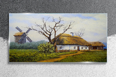 Obraz Szklany Malarstwo wieś chata młyn
