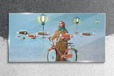 Obraz na Szkle Malarstwo Kobiety Rower Mgła
