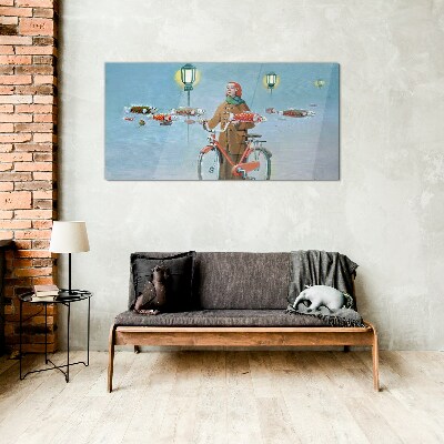 Obraz na Szkle Malarstwo Kobiety Rower Mgła