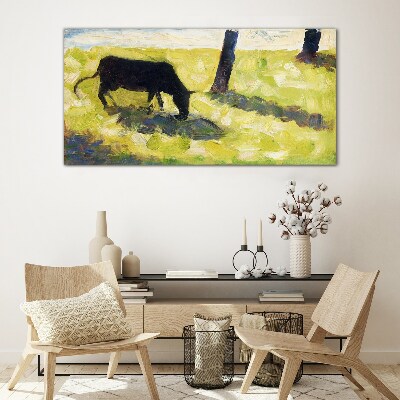 Obraz na Szkle Czarny krowa w łąka Seurat