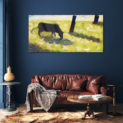 Obraz na Szkle Czarny krowa w łąka Seurat
