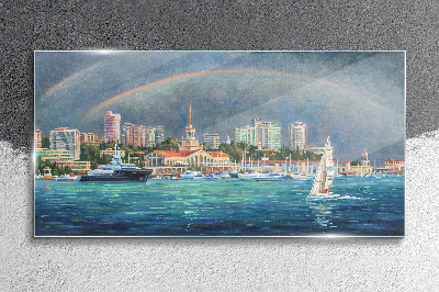 Obraz Szklany Morska panorama z tęczą