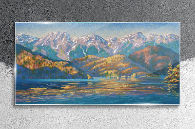 Obraz Szklany Malarstwo góry jezioro drzewa