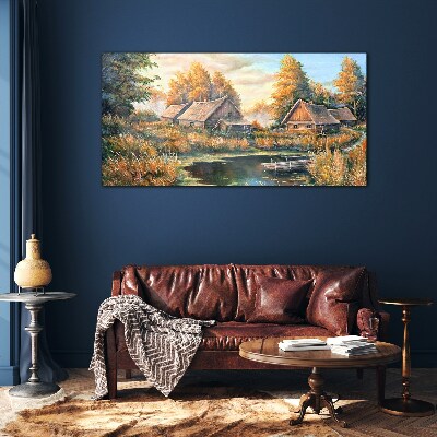 Obraz na Szkle Malarstwo chaty las przyroda