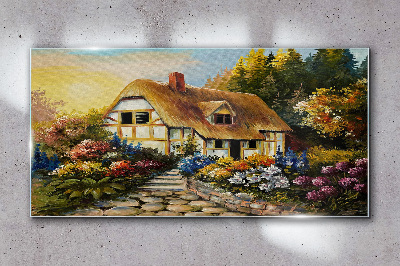Obraz Szklany Urokliwy wiejski domek w kwiatach