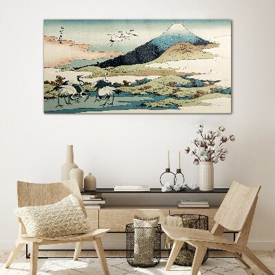 Obraz Szklany Cranes by a Mountain