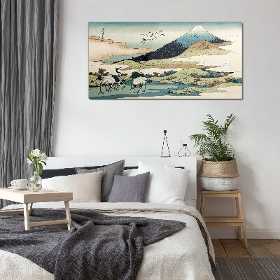 Obraz Szklany Cranes by a Mountain