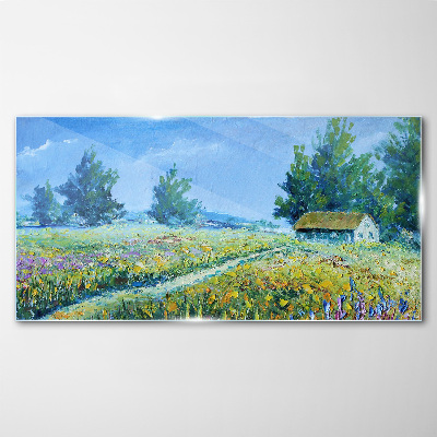 Obraz Szklany wieś krajobraz kwiaty chata
