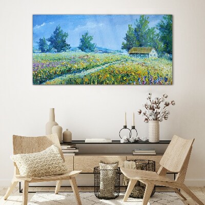 Obraz Szklany wieś krajobraz kwiaty chata
