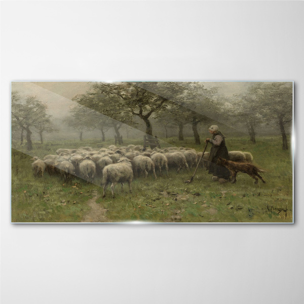 Obraz na Szkle wieśniak drzewa owce pasterz