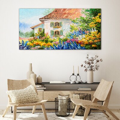 Obraz Szklany wieś kwiaty dom przyroda