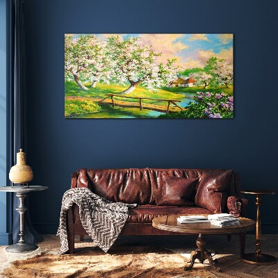 Obraz Szklany rzeka drzewa kwiaty przyroda