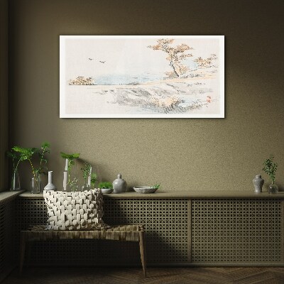 Obraz Szklany Morze Drzewa Ptaki Ścieżka