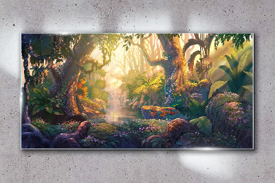 Obraz Szklany fantasy las rzeka kwiaty
