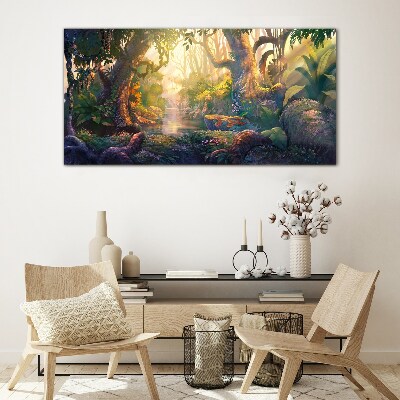 Obraz Szklany fantasy las rzeka kwiaty