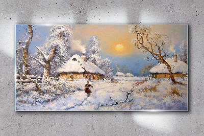 Obraz Szklany Wieś Chaty Zima Śnieg