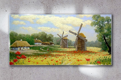 Obraz Szklany wieś chmury kwiaty maki