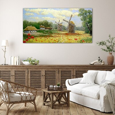 Obraz Szklany wieś chmury kwiaty maki