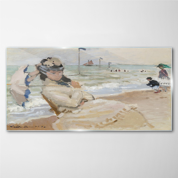 Obraz na Szkle Kobieta na plaży z parasolką
