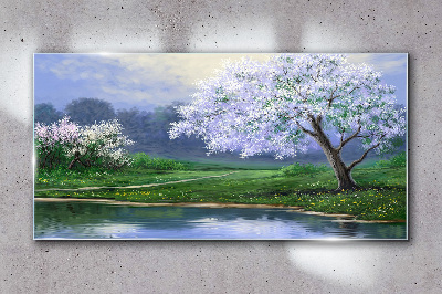 Obraz na Szkle jezioro drzewa kwiaty