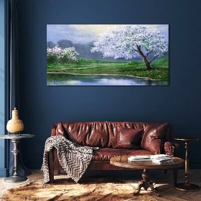 Obraz na Szkle jezioro drzewa kwiaty