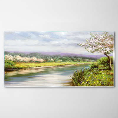 Obraz Szklany drzewa rzeka kwiaty krajobraz