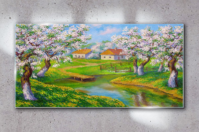 Obraz na Szkle wieś drzewa kwiaty woda