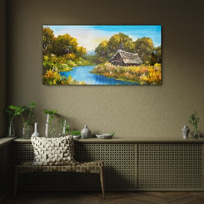 Obraz na Szkle las rzeka niebo chata