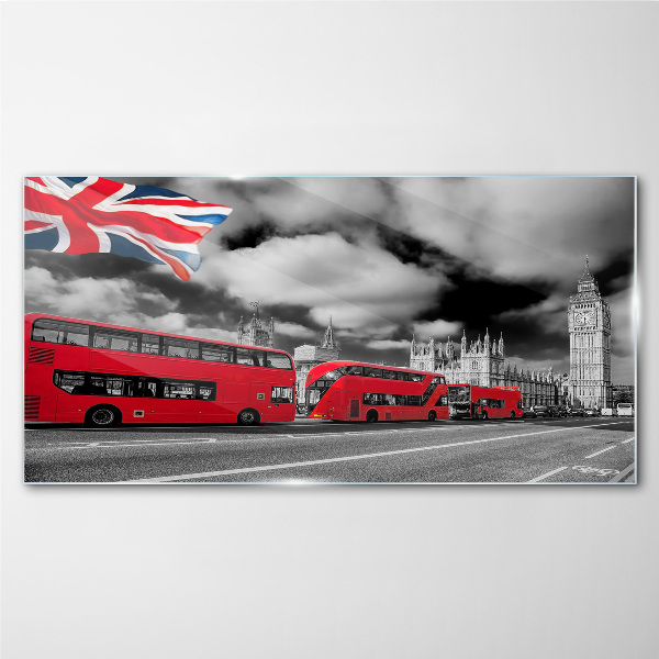 Obraz na Szkle Czerwone autobusy Londynu z flagą UK