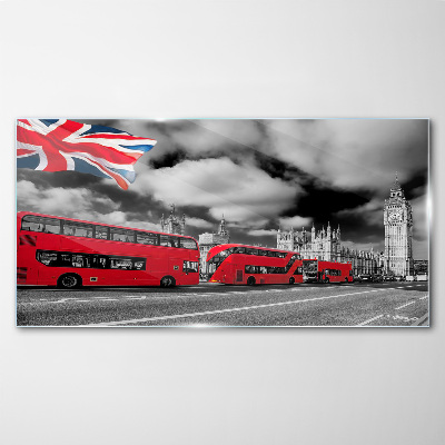 Obraz na Szkle Czerwone autobusy Londynu z flagą UK