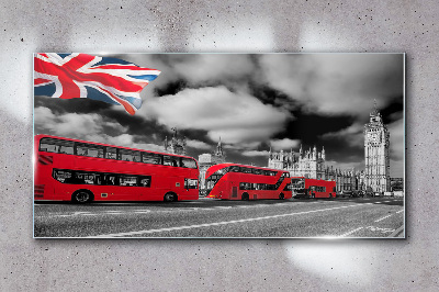 Obraz na Szkle Czerwone autobusy Londynu z flagą UK
